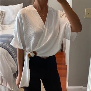 Topshop white flowy blouse beachy vacation tortoise shell top shirt 2 XS small